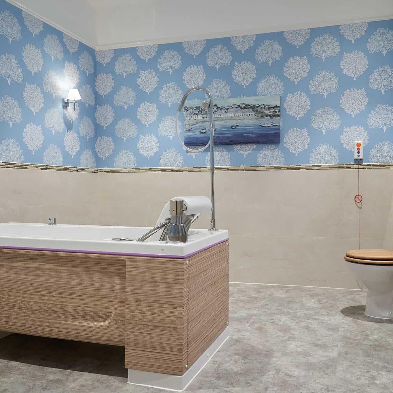 Bathroom at Lambwood Heights Care Home in Chigwell with toilet, bath and emergency cord